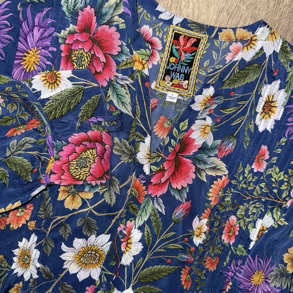 Johnny Was Darmis Blouse Lilla Women's Large Floral Long Sleeve Cupro Colorful